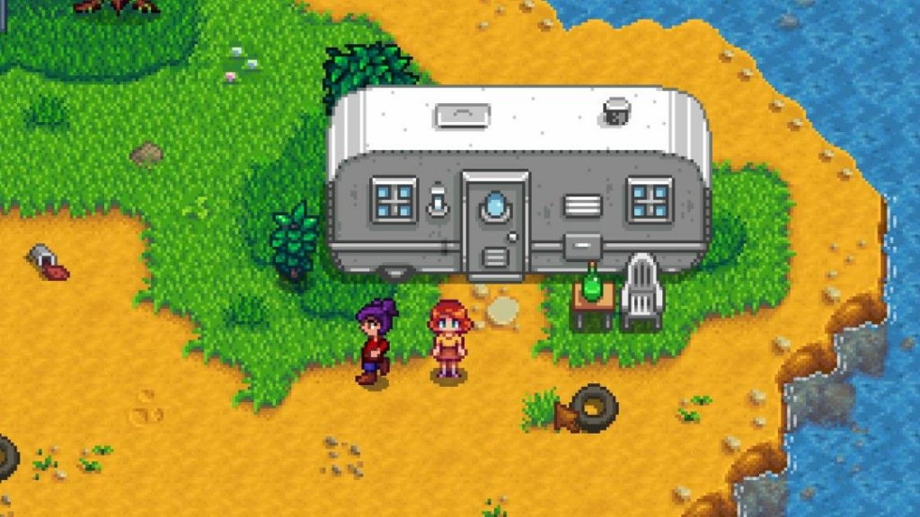 A screenshot from Stardew Valley where the player is standing next to a white mobile home surrounded by trash.